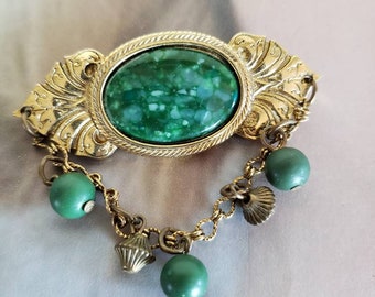 Vintage Brooch, Victorian Inspired Gold Tone and Green Brooch