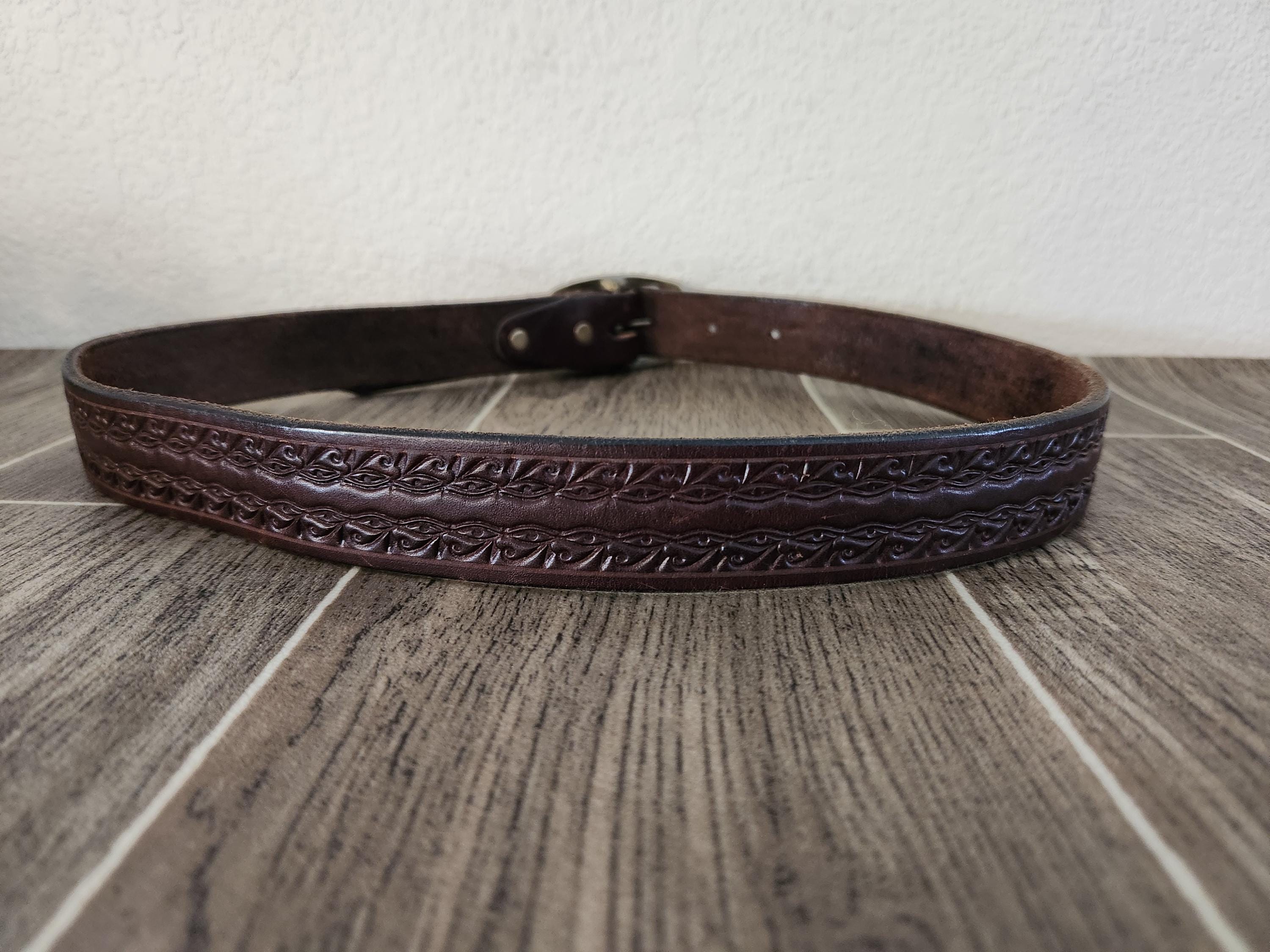 Vintage Brown Leather Tooled Belt | Silver Tone Buckle 