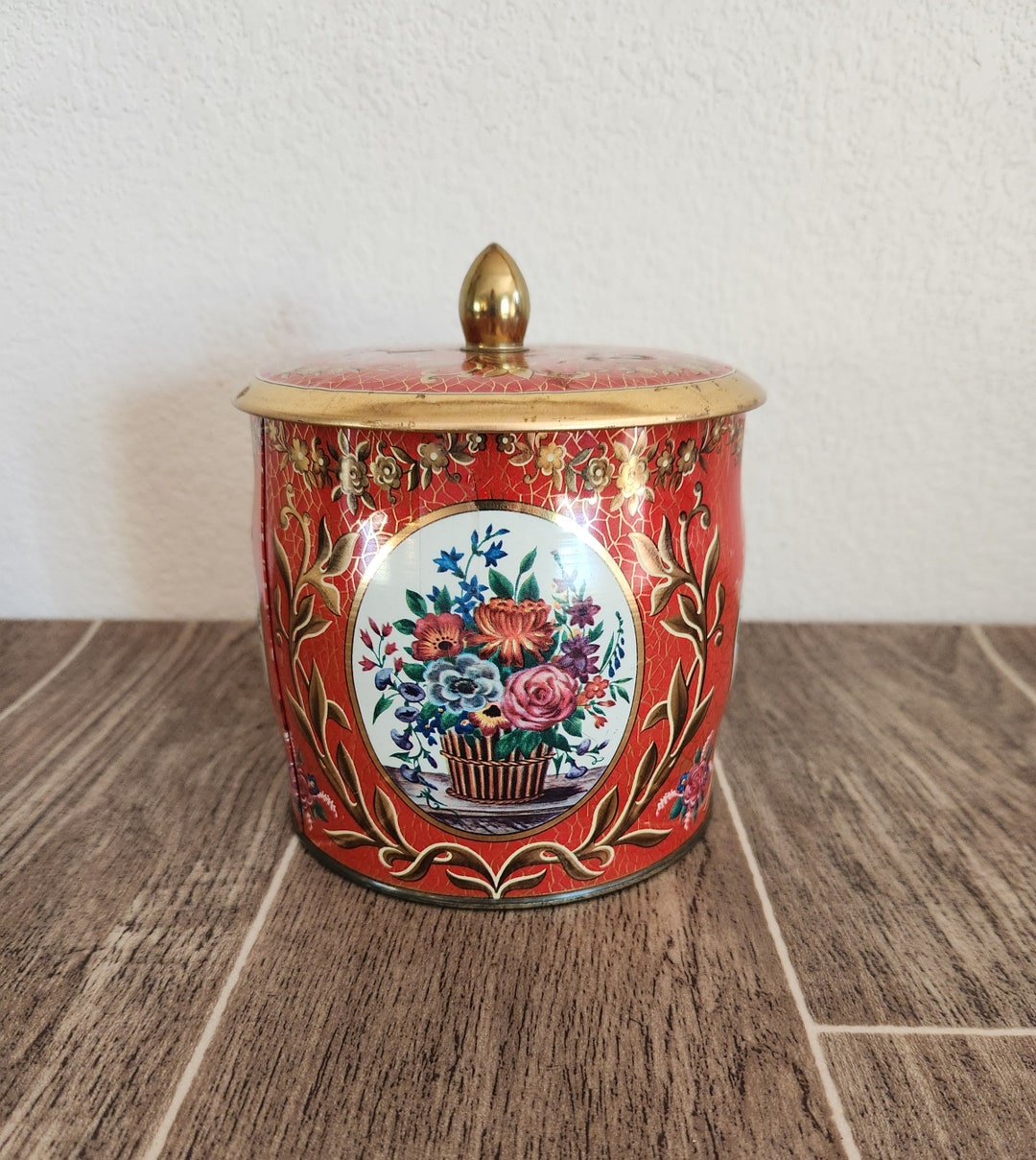 Vintage Decorative Tin Container With Lid Round Floral Tin Etsy