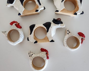 Vintage Farmhouse Style Animals Napkin Rings | Cows and Chicken Napkin Rings -  Set of 6