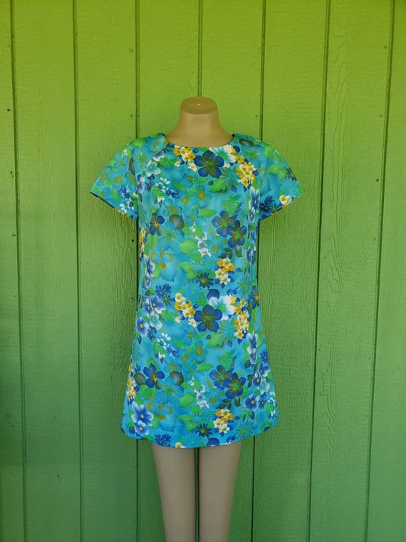 Vintage 1970's Hawaiian Floral Mini Dress, Handmad
