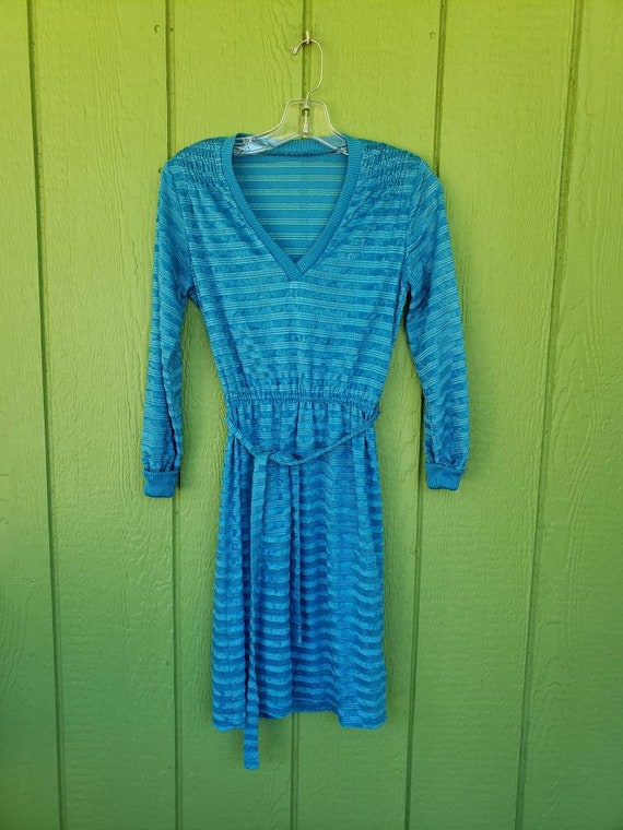 Vintage 1970's Day Dress | Turquoise Polyester Kn… - image 5