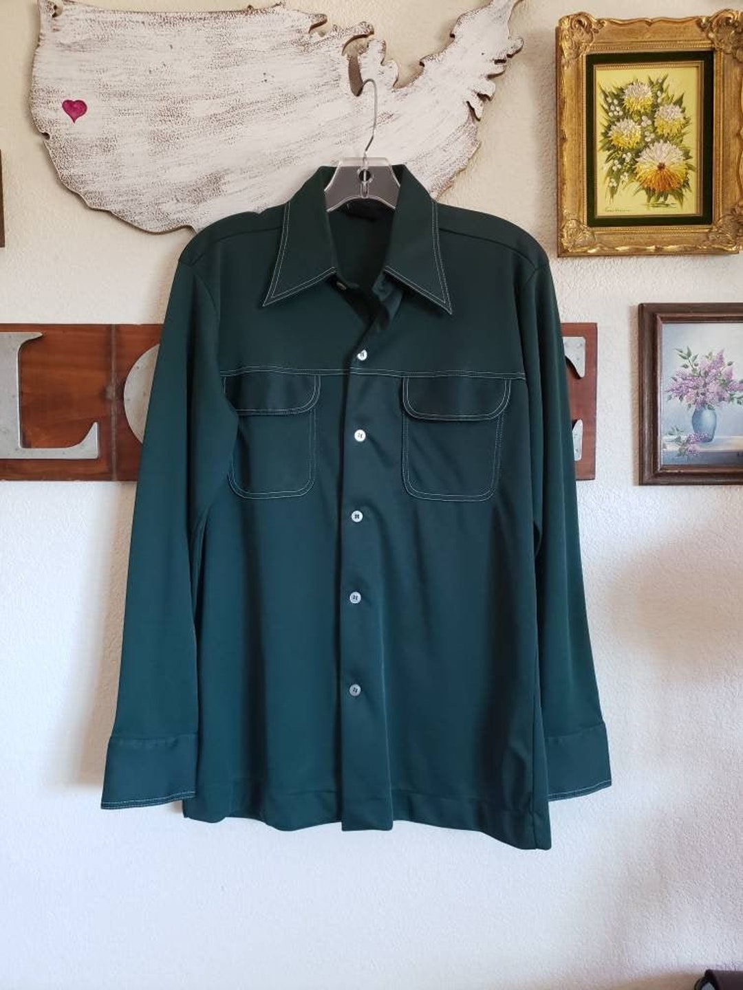 Vintage Men's Long Sleeve Polyester Shirt by Joel, Dark Green Button ...