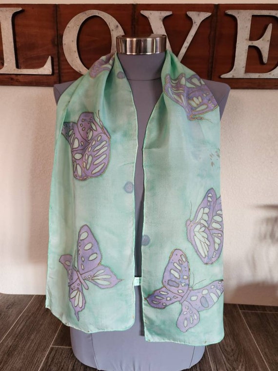 Vintage Hand Painted Silk Scarf with Butterfly De… - image 4