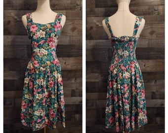 Vintage Hawaiian Sundress by Hilo Hattie | Drop Waist Full Skirt Hawaiian Floral Sundress - Label Size S - See Actual Measurements Listed