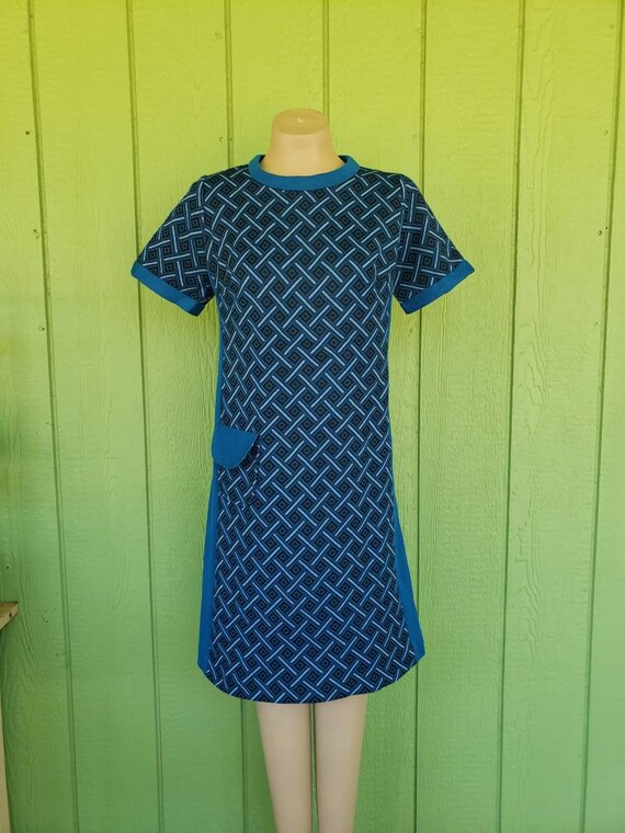 Vintage 1970's Polyester Day Dress, Blue Secretar… - image 9