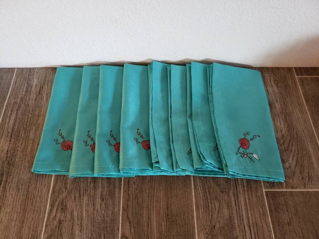 Vintage Fabric Napkins Turquoise teal With Embroidered Etsy
