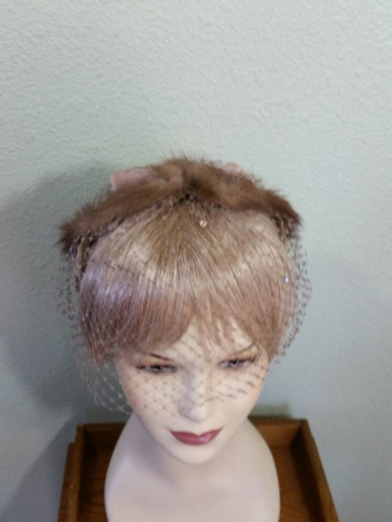 Vintage Mink Headpiece with Netting, 50's,  Mink … - image 2