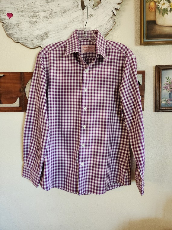 Vintage Men's Gingham Print Long Sleeve Button Dow