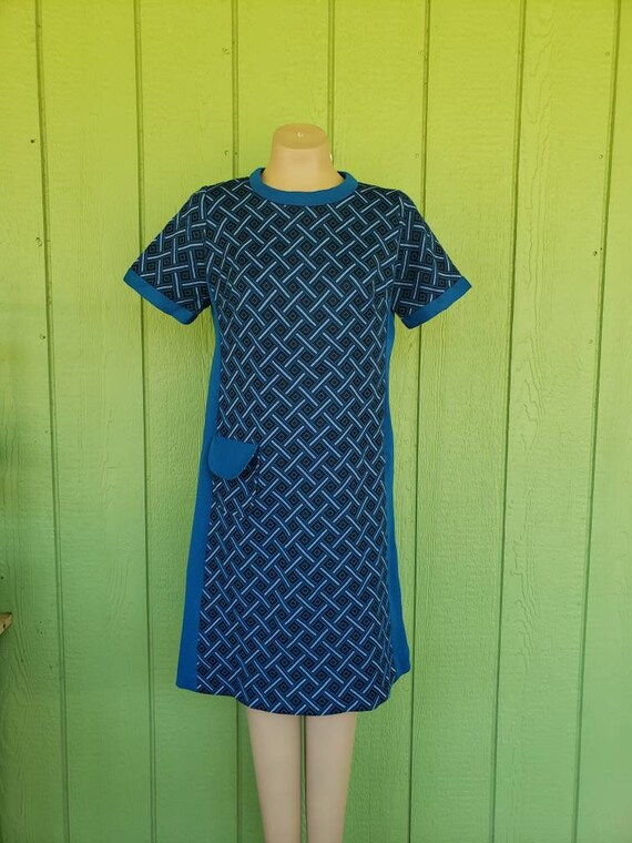 Vintage 1970's Polyester Day Dress, Blue Secretar… - image 7