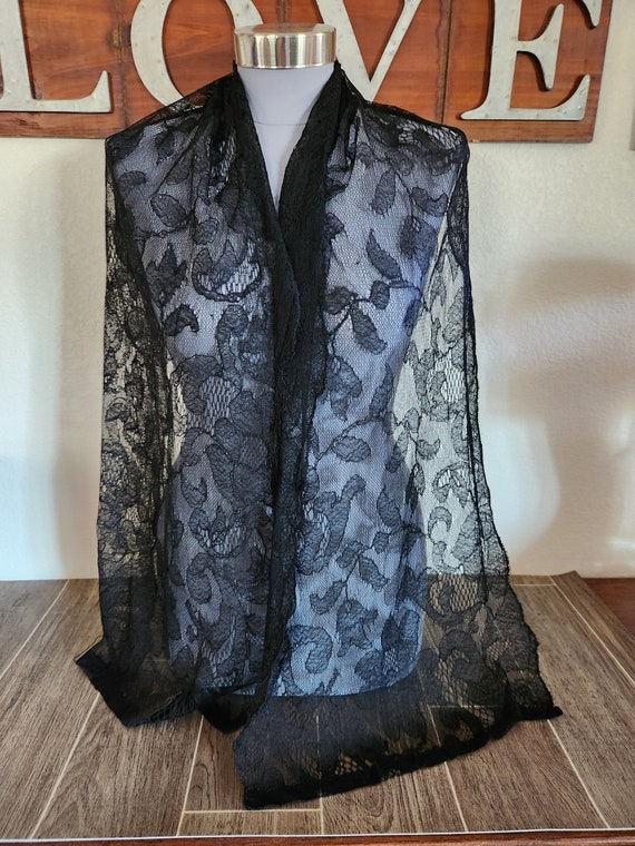 Vintage Black Lace Shawl or Scarf | Sheer Lace Sca