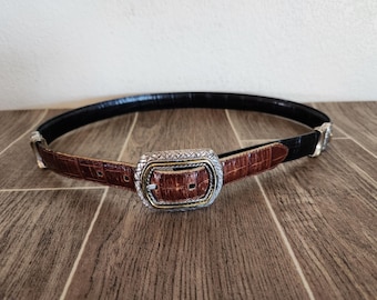 Vintage Leather Belt with Heart Conchos | Black and Brown Alligator Look Leather Belt 29" to 33" Wearable Lengths