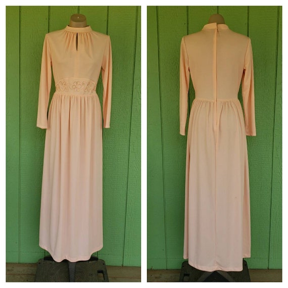 Vintage 1970's Polyester Maxi Dress, Peach,  Medi… - image 1