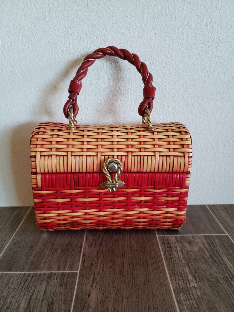 Vintage 1960's Rockabilly Vinyl Wicker Woven Top Handle Etsy