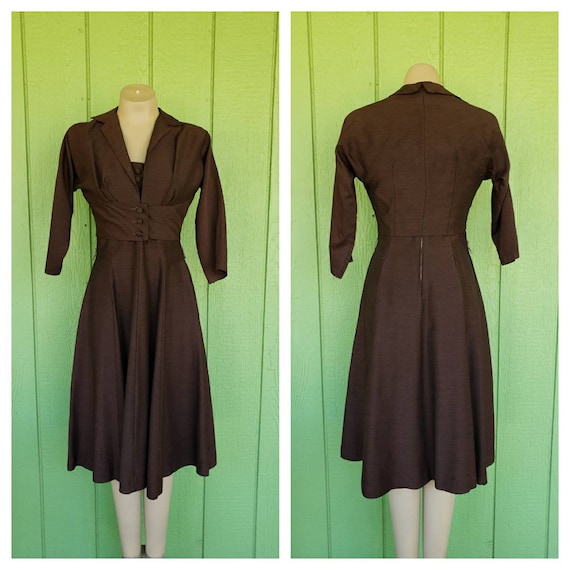 Vintage 1950's Dress with Bolero Jacket | Brown Em