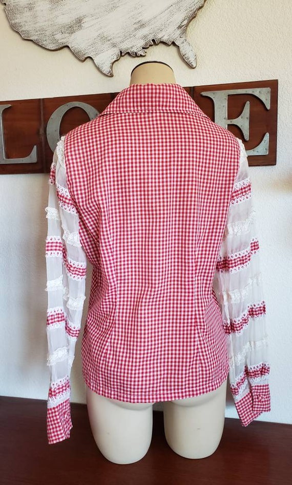 Vintage 1960's Western Gingham Blouse, With Lace … - image 4