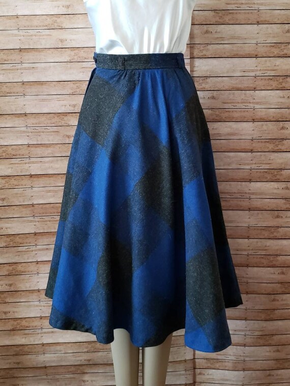 Vintage Wool Plaid Circle Skirt | Blue and Black … - image 5