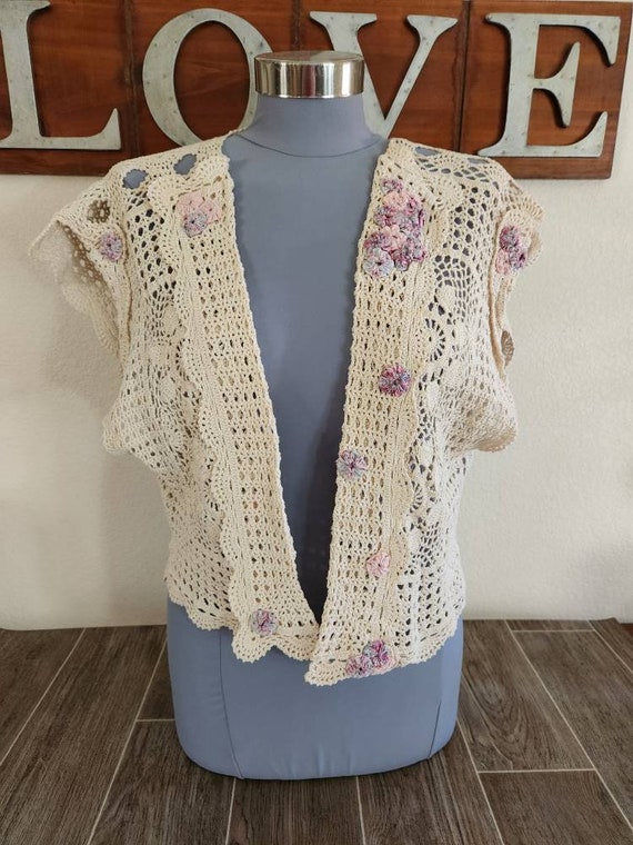Vintage Handmade Crocheted Vest With Flower Accent