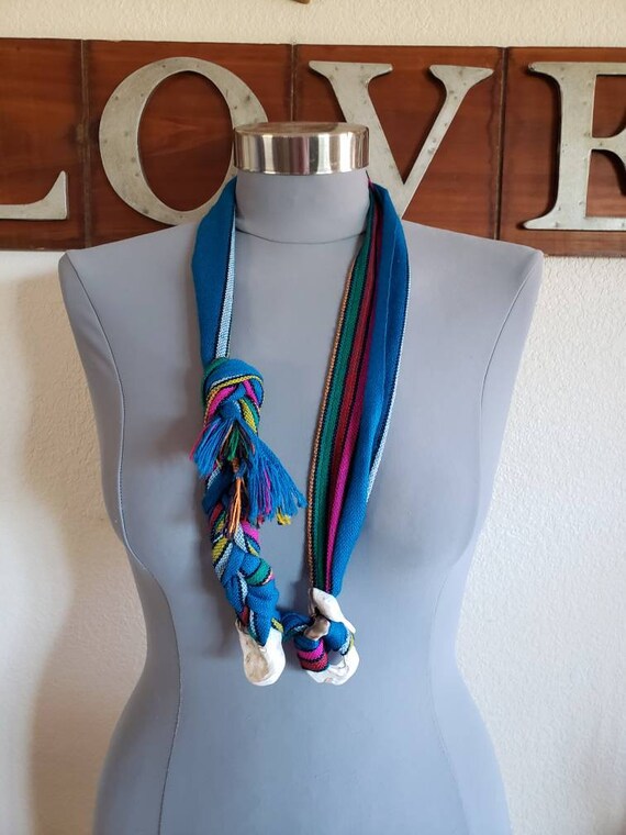 Scarf Necklace With Shell Accent | Colorful Woven 