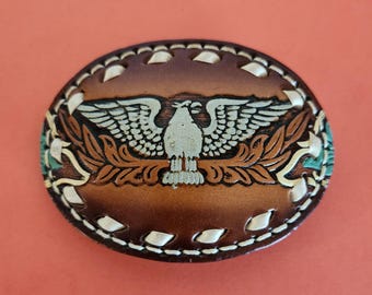 Vintage Leather Belt Buckle - Eagle On Branch Wings Spread | Fort Worth Leather | 4 X 3