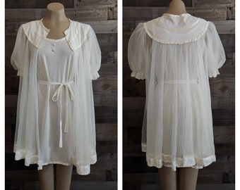 Vintage Lisette by Al Sterling Peignoir Set | White Nightie with Matching Robe | Rockabilly Sexy Negligee and Robe | Med