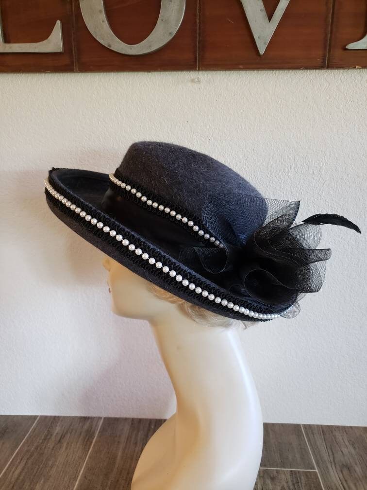 Kathy Jeanne 100% woolfelt hat grey black ribbon made in USA Vintage 100% Wool Kathy Jeanne Cloche Bucket Hat Gray w  main image 3