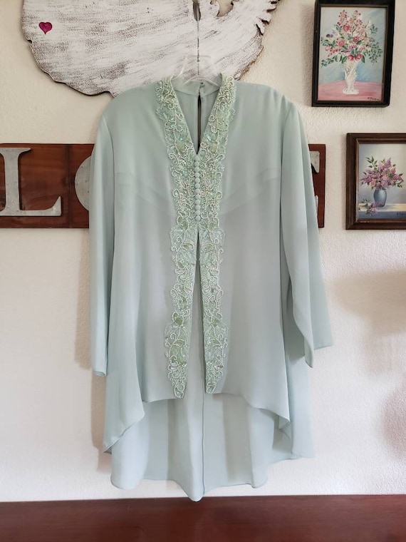 Vintage 1980's Pale Green Sheer Over Blouse, Bead… - image 1