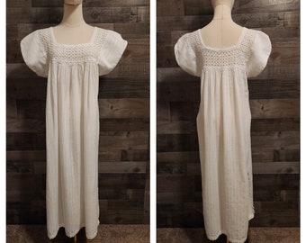 Vintage Cotton Gauze Maxi Dress with Woven Neckline | White Boho Hippie Dress