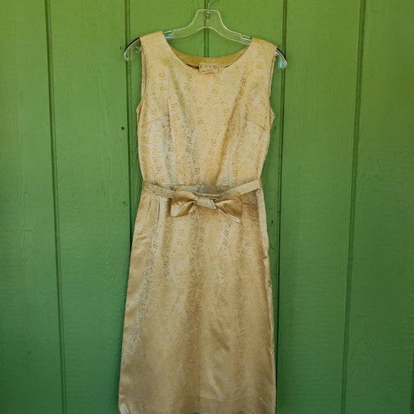 Vintage 1960's Fitted Wiggle Cocktail Dress, Metallic Gold Brocade, Rockabilly Cocktail Dress,  Hand Sewn, Size Medium