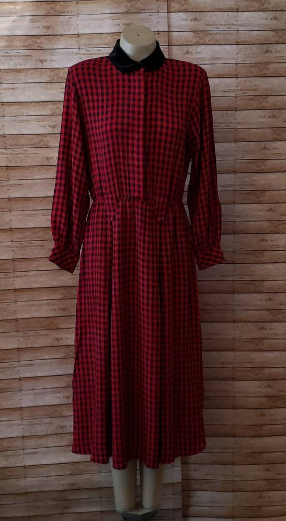 Vintage Gingham Print Dress with Velvet Collar | … - image 2