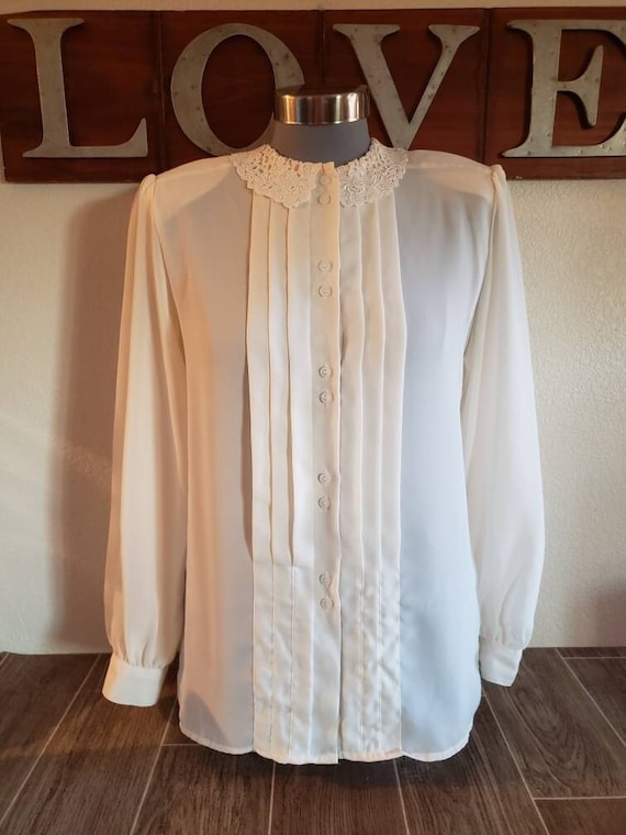 Vintage Sheer Cream Blouse With Lace Collar by Al… - image 1