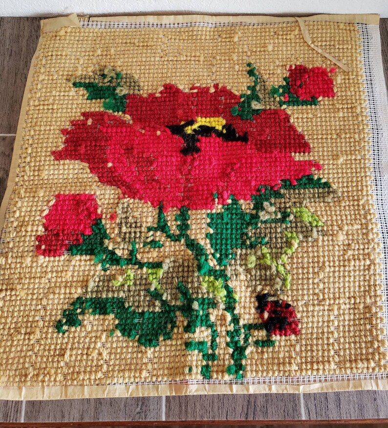 Floral Needlepoint Panel Vintage Needlepoint Panel Completed Large 15 X 15 Red Floral Needlepoint with Ladybug Accent