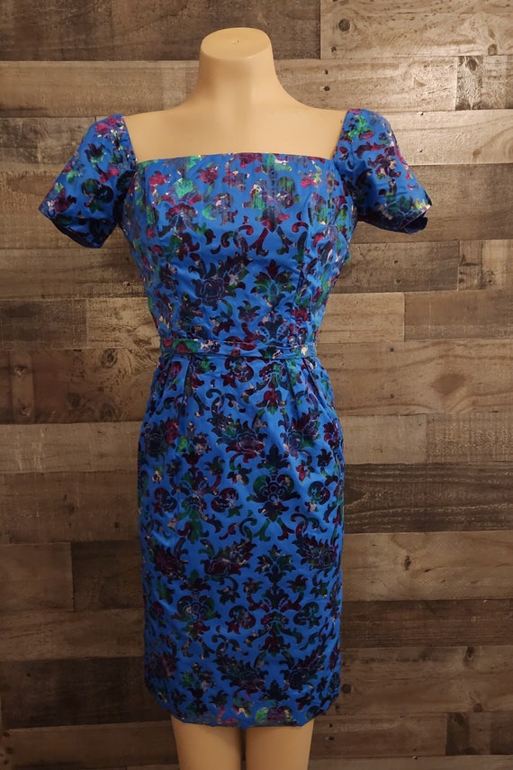 Vintage 1950's Floral Cocktail Dress with Velvet … - image 1