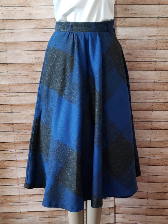 Vintage Wool Plaid Circle Skirt | Blue and Black … - image 1