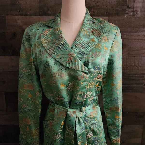 Vintage Asian Brocade Long Sleeve Full Coat with Belt | Green Asian Brocade Long Coat | S/M - See Actual Measurements