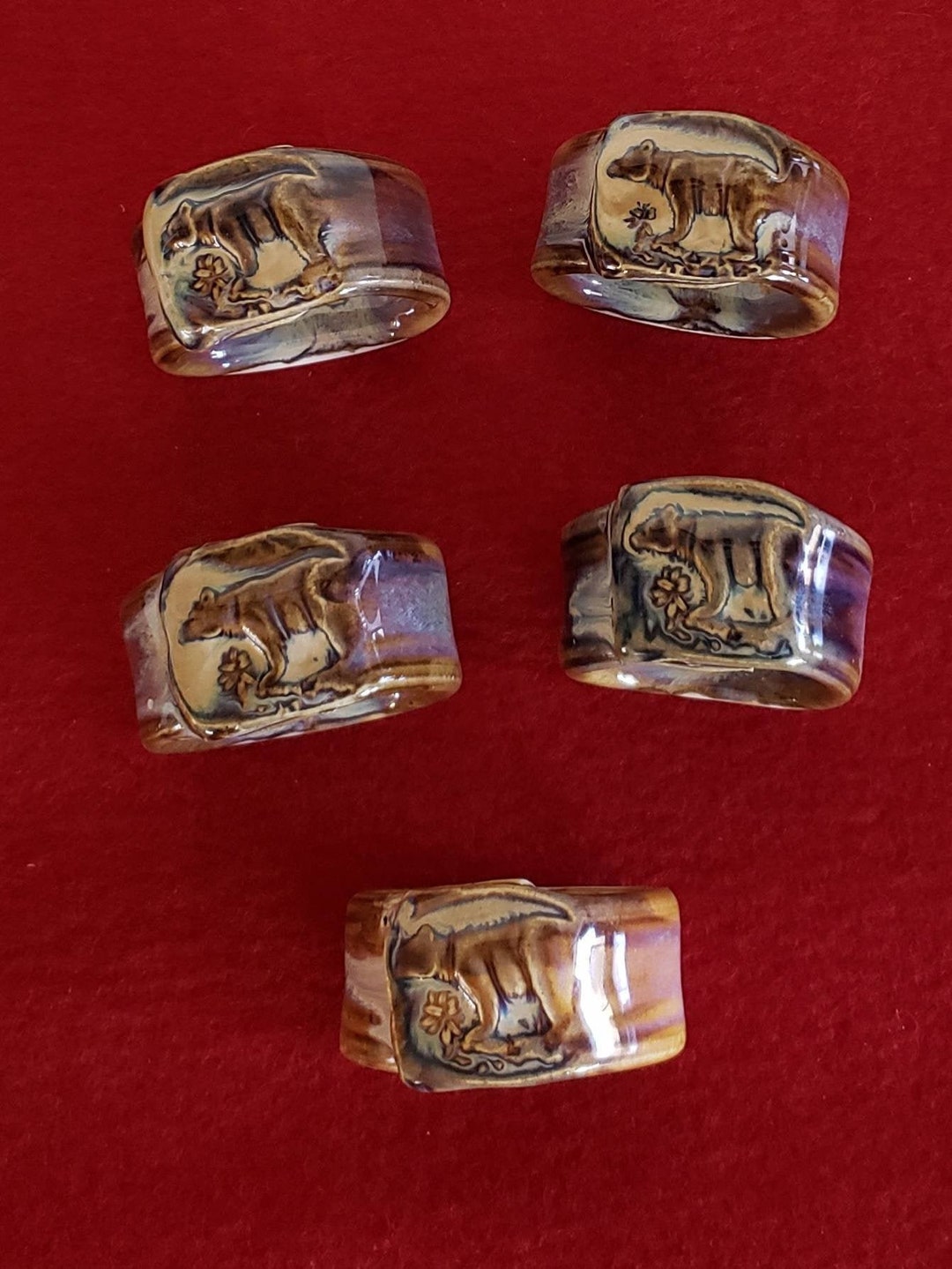 Vintage Handmade Ceramic Napkin Rings With a Bear, Rustic Ceramic
