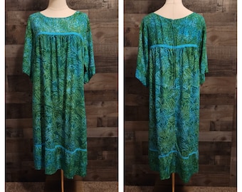 Vintage Muumuu Style Hawaiian Maxi Dress by Blue Ginger | Green and Blue Tropical Print | OS See Measurements