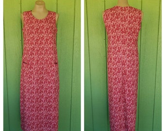 Vintage Handmade Long Shift Dress | Sleeveless Shift Dress with Pockets | Tue Dye Look Print Maxi Dress | 38" Bust