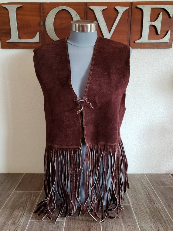 Vintage Brown Suede Vest With Fringe, Fringed Leat