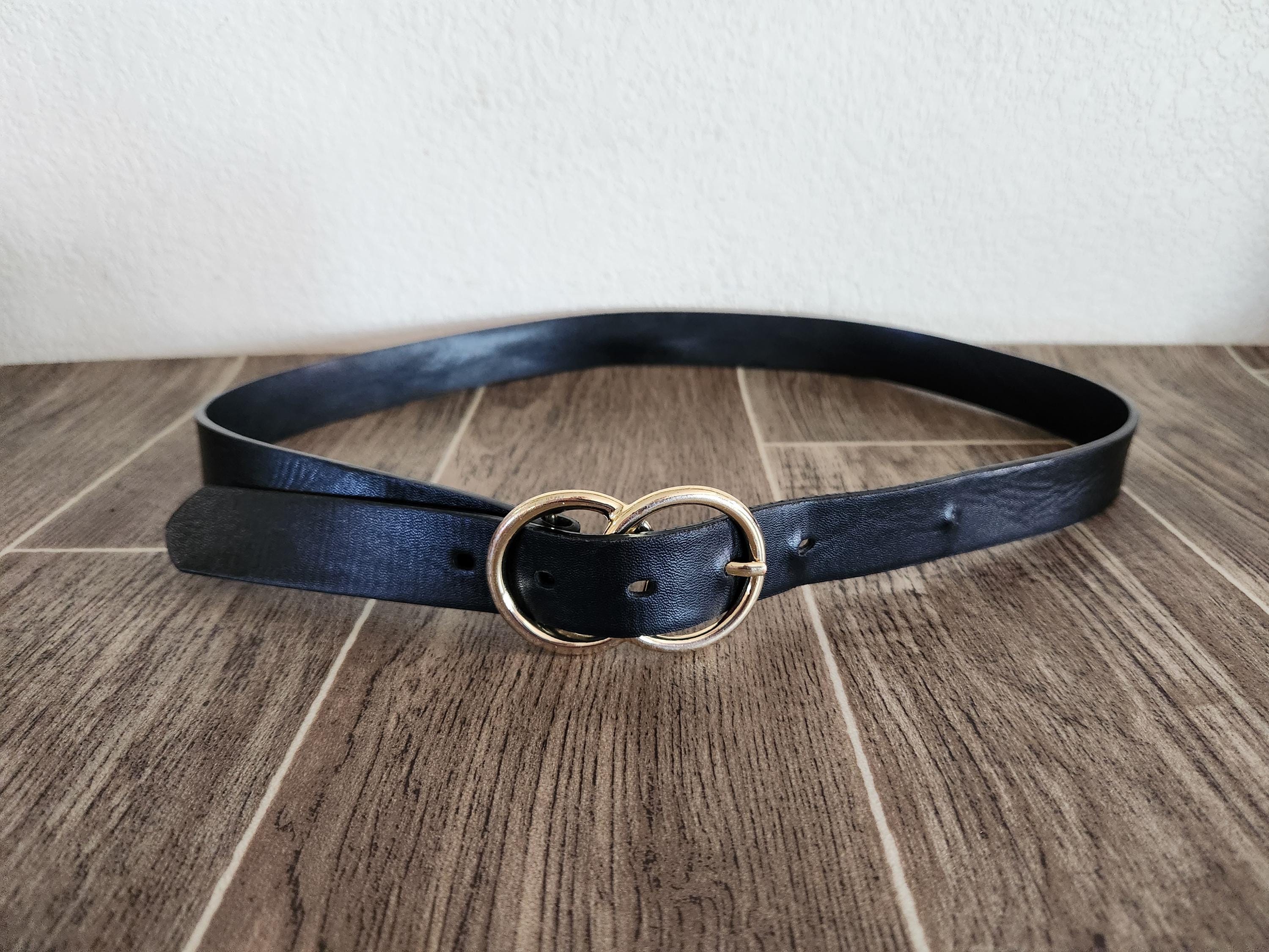 Non Signe Vintage Two Toned Hardware Black Leather Belt Double Prong Belt With No Buckle Black Mens Belts Men main image 2