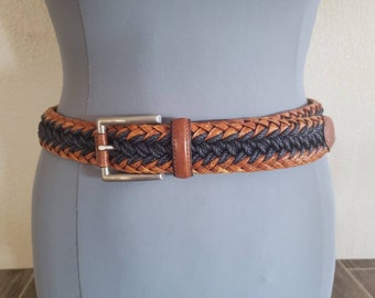 Vintage Braided Leather Belt | Brown Leather and Black Cording Belt | 1.5" Wide Braided Leather Belt | Size on Belt 34
