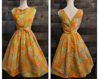 Vintage 1960's Full Skirt Floral Summer Dress by Jerry Gilden - Juniors Small - See Measurements Listed