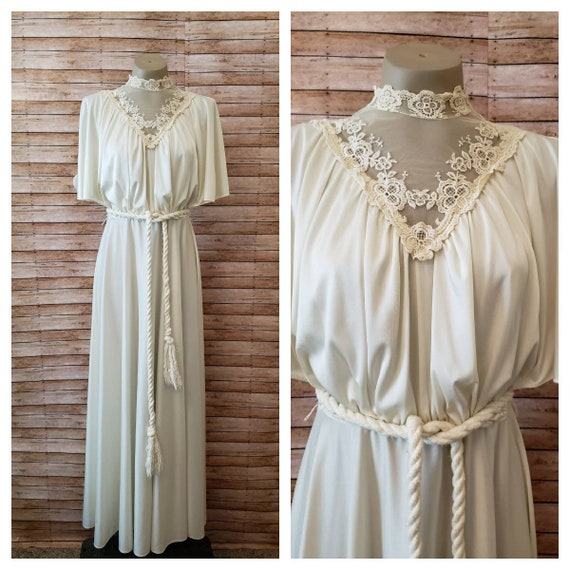 Vintage 1970's Cream High Neck Evening Gown | Sil… - image 1