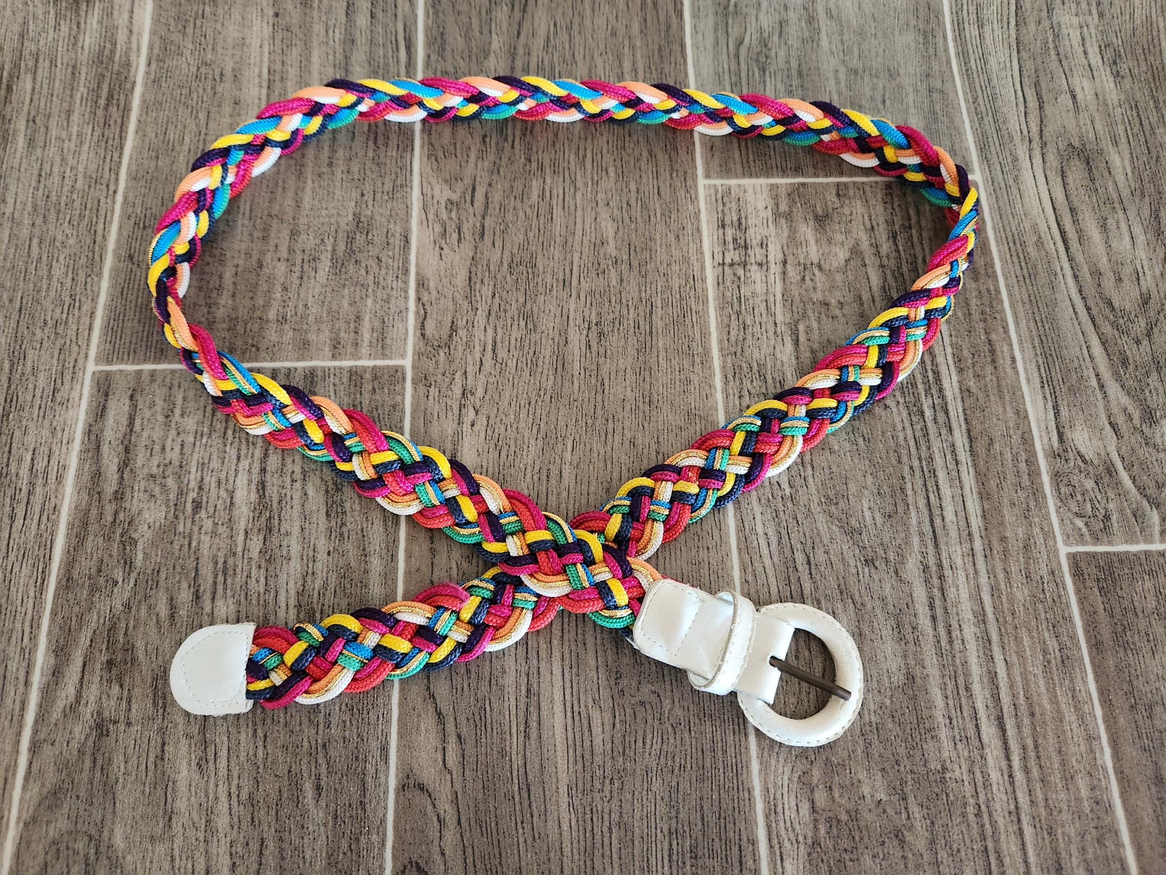Vintage Braided Multicolor Cord Stretch Belt Braided stretch belt elastic Orange with leather appliqué  main image 2