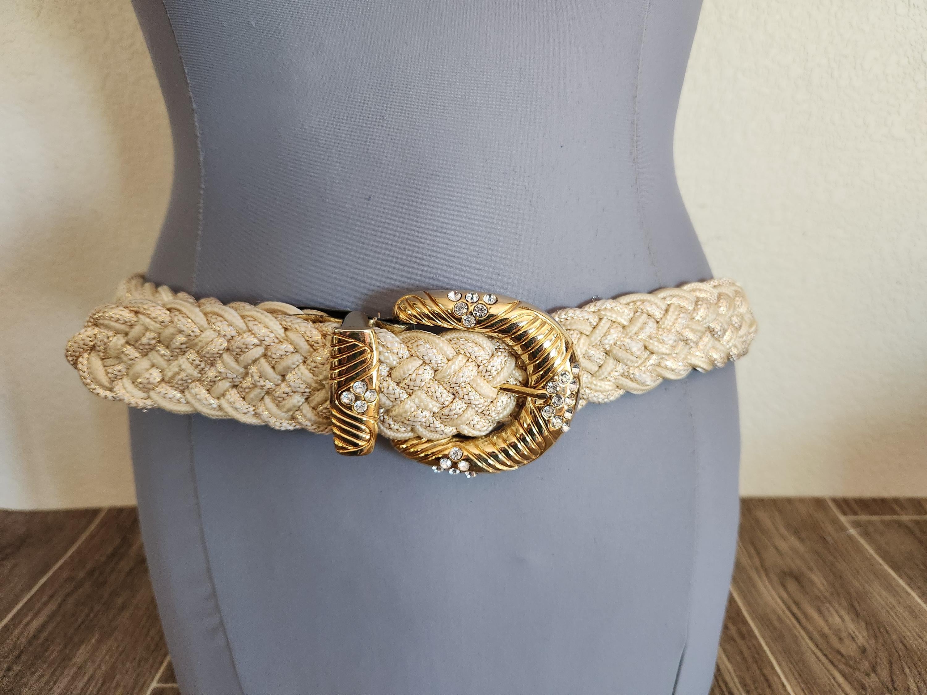 Vintage Woven Braided Leather Belt Off White Yellow‎ Womens Large Vintage 80s Gold Braided Belt: Metallic Woven XXL - Etsy main image 2