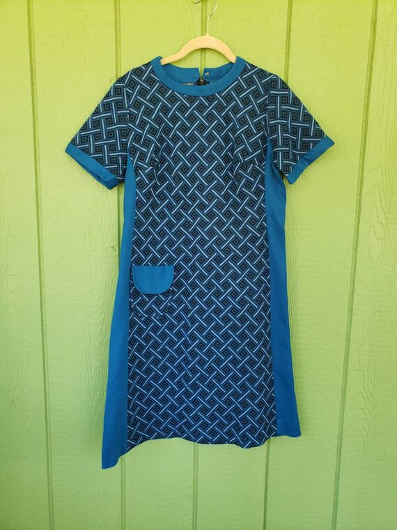 Vintage 1970's Polyester Day Dress, Blue Secretar… - image 2