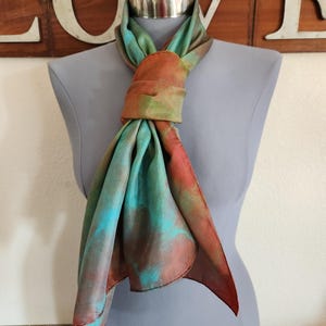 Vintage Hand Tie Dyed Silk Scarf | Brown and Turquoise Long Scarf | 14&quot; X 68&quot;