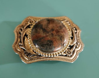 Vintage 1980's Western Style Belt Buckle with Large Natural Agate Stone | 3" X 2.25"