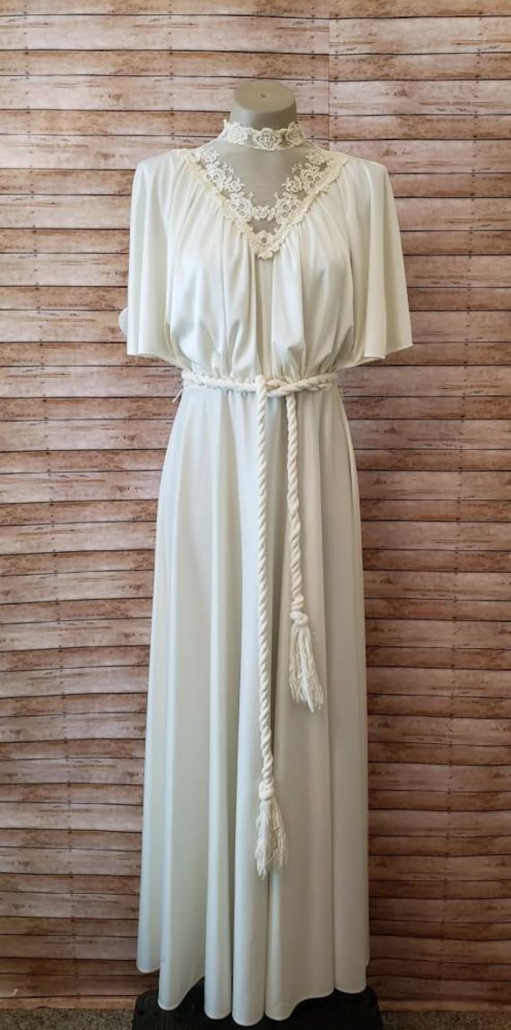 Vintage 1970's Cream High Neck Evening Gown | Sil… - image 2