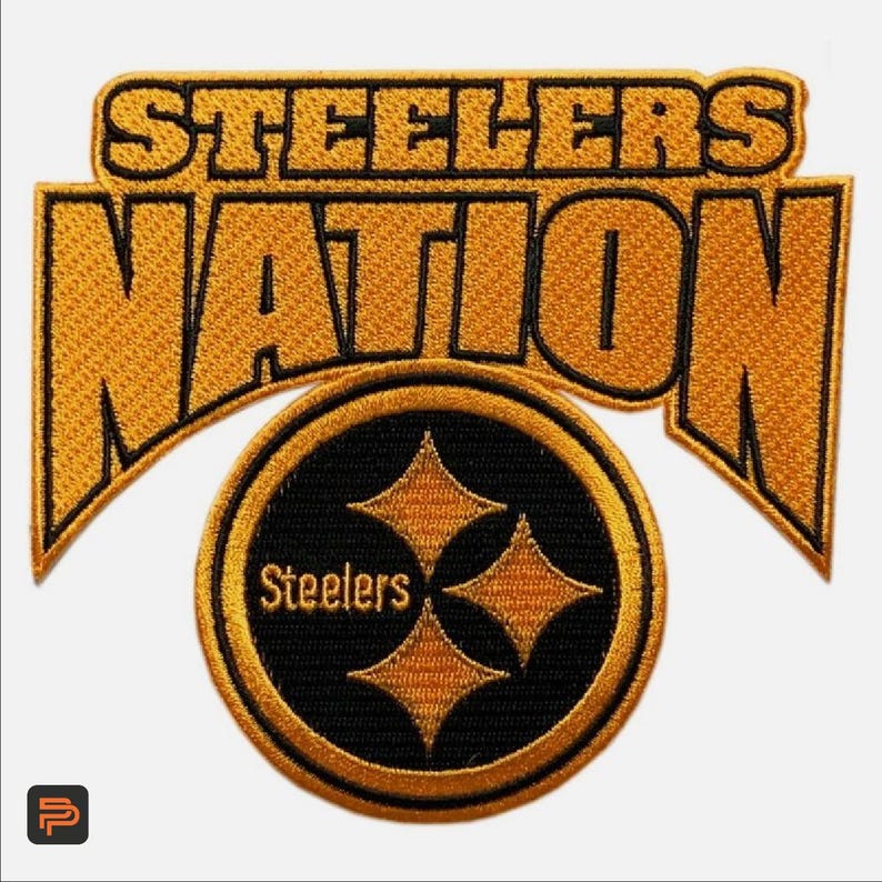 May include: Embroidered patch with the words "STEELERS NATION" in gold lettering. Beneath the text is a circular emblem with the word "Steelers" and three gold diamonds on a black background. The patch has a gold border.